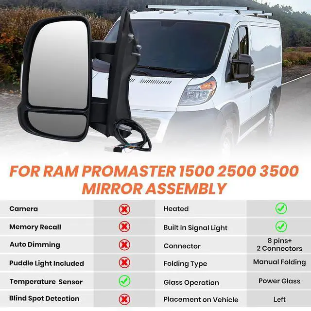 Alt view image 2 of 7 - Left Driver Side Mirror Compatible with 2014-2024 Ram Promaster 1500/2500/3500,Mirrors with Heated,Power Glass,Turn Signals Light,Temperature Sensor,Replaces# 5VE99JXWAD(Short Arm)8+2Pins