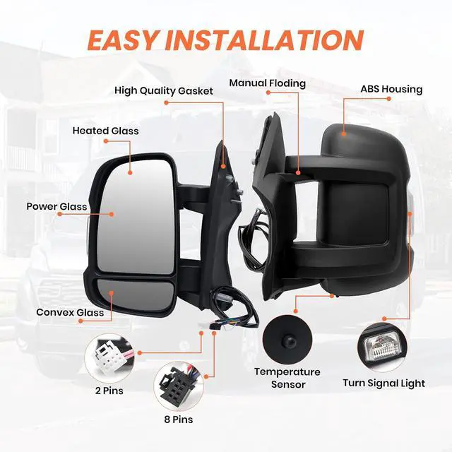 Alt view image 3 of 7 - Left Driver Side Mirror Compatible with 2014-2024 Ram Promaster 1500/2500/3500,Mirrors with Heated,Power Glass,Turn Signals Light,Temperature Sensor,Replaces# 5VE99JXWAD(Short Arm)8+2Pins