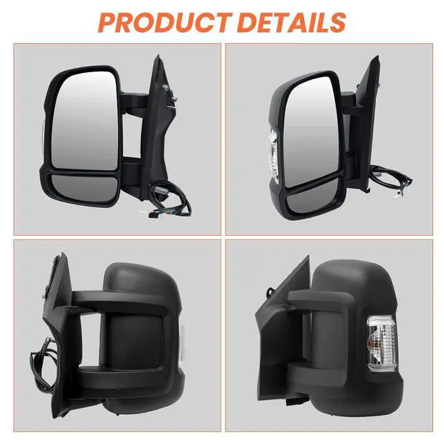 Alt view image 5 of 7 - Left Driver Side Mirror Compatible with 2014-2024 Ram Promaster 1500/2500/3500,Mirrors with Heated,Power Glass,Turn Signals Light,Temperature Sensor,Replaces# 5VE99JXWAD(Short Arm)8+2Pins