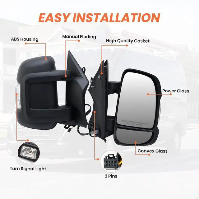 Alt view image 3 of 7 - Passenger Side Mirror for with 2014-2024 Ram Promaster 1500/2500/3500,Mirrors with Turn Signals Light,Temperature Sensor,Without Power Glass,Replaces# CH1321417 5VE98JXWAB(Short Arm)2Pins
