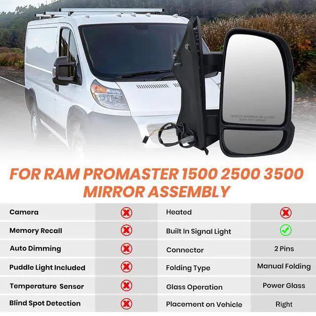 Alt view image 2 of 7 - Passenger Side Mirror for with 2014-2024 Ram Promaster 1500/2500/3500,Mirrors with Turn Signals Light,Temperature Sensor,Without Power Glass,Replaces# CH1321417 5VE98JXWAB(Short Arm)2Pins