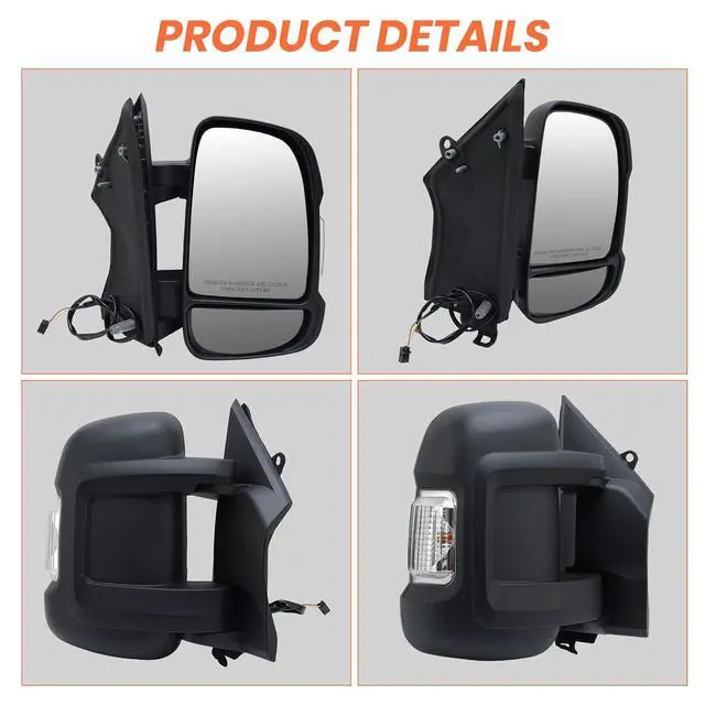 Alt view image 5 of 7 - Passenger Side Mirror for with 2014-2024 Ram Promaster 1500/2500/3500,Mirrors with Turn Signals Light,Temperature Sensor,Without Power Glass,Replaces# CH1321417 5VE98JXWAB(Short Arm)2Pins