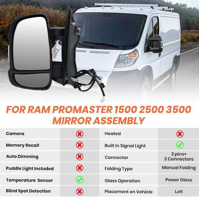 Alt view image 2 of 7 - Left Driver Side Mirror for with 2014-2024 Ram Promaster 1500/2500/3500,Mirrors with Turn Signals Light,Temperature Sensor,Without Power Glass,Replaces# CH1320417 5VE99JXWAB(Short Arm)2+2Pins