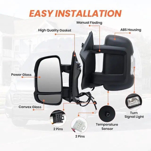 Alt view image 3 of 7 - Left Driver Side Mirror for with 2014-2024 Ram Promaster 1500/2500/3500,Mirrors with Turn Signals Light,Temperature Sensor,Without Power Glass,Replaces# CH1320417 5VE99JXWAB(Short Arm)2+2Pins