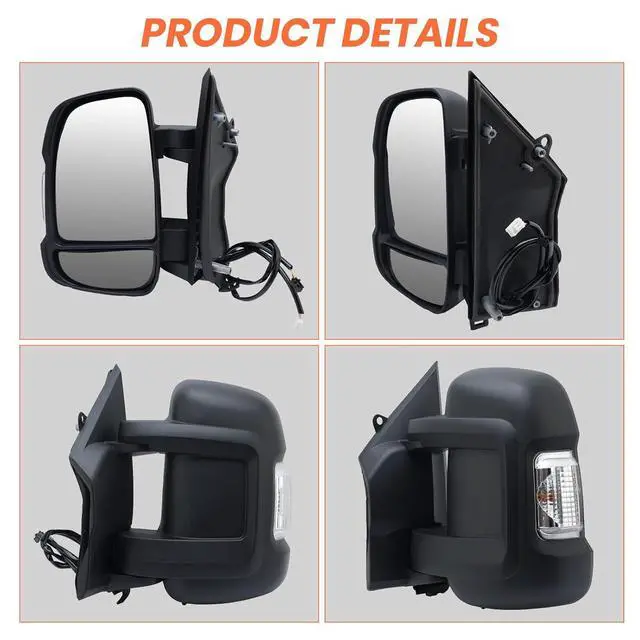 Alt view image 5 of 7 - Left Driver Side Mirror for with 2014-2024 Ram Promaster 1500/2500/3500,Mirrors with Turn Signals Light,Temperature Sensor,Without Power Glass,Replaces# CH1320417 5VE99JXWAB(Short Arm)2+2Pins