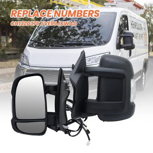 Alt view image 6 of 7 - Left Driver Side Mirror for with 2014-2024 Ram Promaster 1500/2500/3500,Mirrors with Turn Signals Light,Temperature Sensor,Without Power Glass,Replaces# CH1320417 5VE99JXWAB(Short Arm)2+2Pins