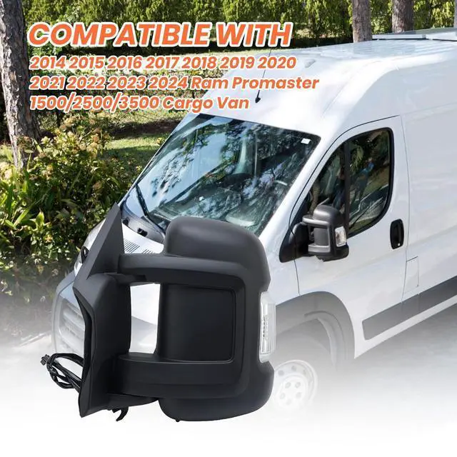 Alt view image 7 of 7 - Left Driver Side Mirror for with 2014-2024 Ram Promaster 1500/2500/3500,Mirrors with Turn Signals Light,Temperature Sensor,Without Power Glass,Replaces# CH1320417 5VE99JXWAB(Short Arm)2+2Pins