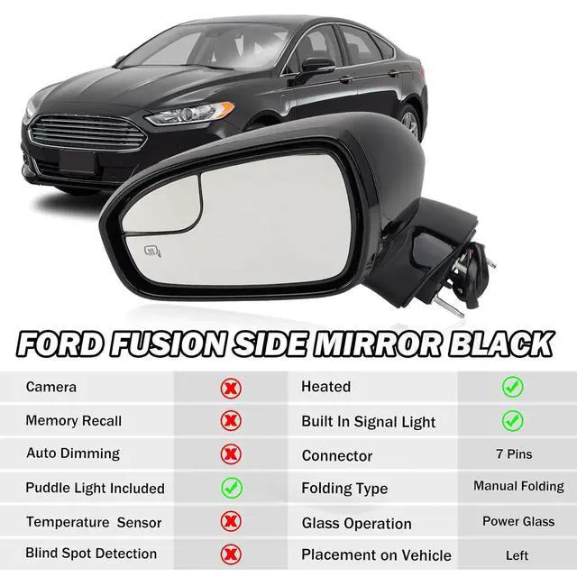 Alt view image 3 of 7 - Left Driver Side Mirror for 2013 2014 2015 2016 Ford Fusion Sedan S SE SE Hybrid,Power Mirror with Heated,In-housing Signal Light,Puddle Lights,Manual Folding,Ford Fusion Mirror Black