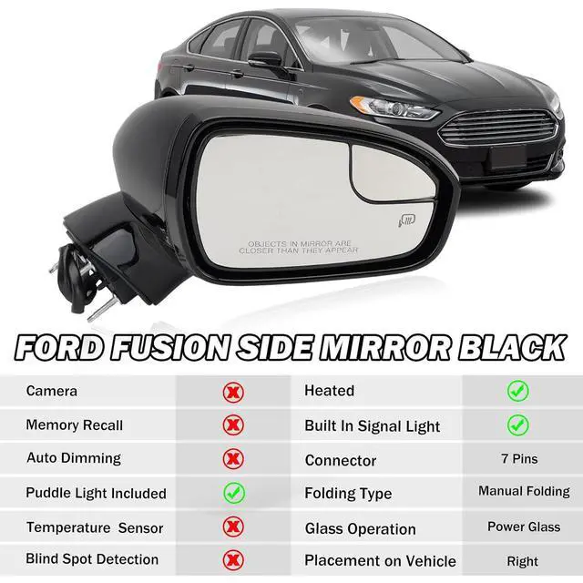 Alt view image 3 of 7 - Right Passenger Side Mirror for 2013 2014 2015 2016 Ford Fusion Sedan S SE SE Hybrid,Power Mirror with Heated,In-housing Signal Light,Puddle Lights,Manual Folding,Ford Fusion Mirror Black