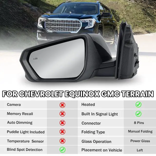 Alt view image 2 of 7 - Driver Side Mirror Compatible With 2018-2024 Chevy Equinox GMC Terrain 8Pin | Mirrors With Power Glass Heated Turn Signal Blind Spot Replaces#84225386 (Black)