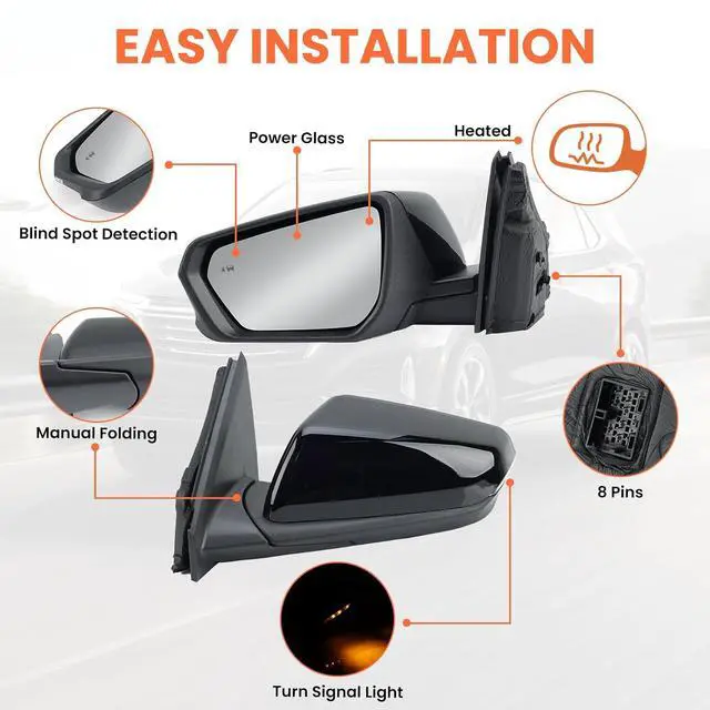 Alt view image 3 of 7 - Driver Side Mirror Compatible With 2018-2024 Chevy Equinox GMC Terrain 8Pin | Mirrors With Power Glass Heated Turn Signal Blind Spot Replaces#84225386 (Black)