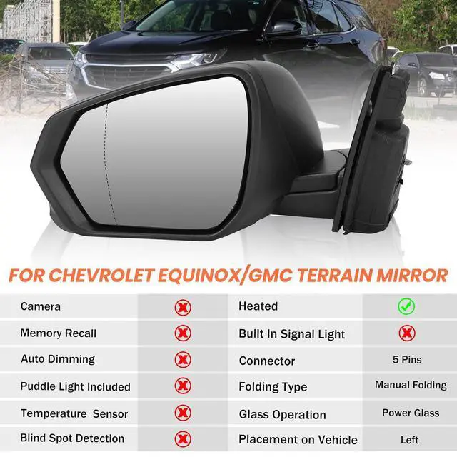 Alt view image 2 of 7 - Left Driver Side Mirror Compatible With 2018 2019 2020 2021 2022 2023 2024 Chevy Equinox Mirros with Heated Power Glass Manual Folding Matte Black Replace#84225382(5Pins)