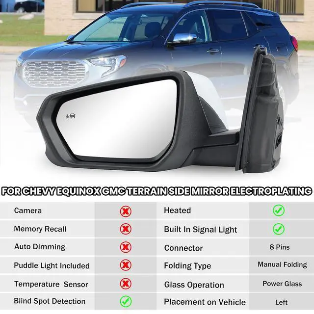 Alt view image 2 of 7 - Driver Side Mirror Compatible With 2018 2019 2020 2021 2022 2023 2024 Chevy Equinox GMC Terrain Mirrors With Power Glass Heated Turn Signal Blind Spot Replaces#84225386 (Chrome) 8 Pins