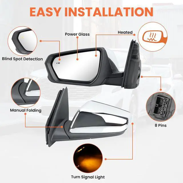 Alt view image 3 of 7 - Driver Side Mirror Compatible With 2018 2019 2020 2021 2022 2023 2024 Chevy Equinox GMC Terrain Mirrors With Power Glass Heated Turn Signal Blind Spot Replaces#84225386 (Chrome) 8 Pins