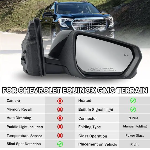 Alt view image 2 of 7 - Passenger Side Mirror for 2018-2024 Chevy Equinox GMC Terrain 8 Pins | Mirrors With Power Glass Heated Turn Signal Blind Spot Replaces#84225387(Black)