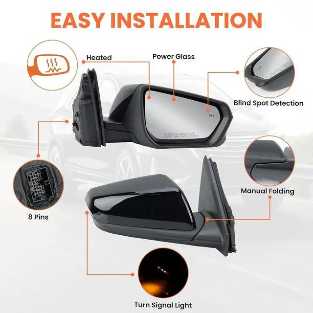 Alt view image 3 of 7 - Passenger Side Mirror for 2018-2024 Chevy Equinox GMC Terrain 8 Pins | Mirrors With Power Glass Heated Turn Signal Blind Spot Replaces#84225387(Black)
