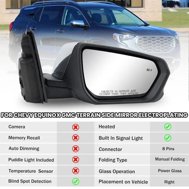 Alt view image 2 of 7 - Passenger Side Mirror Compatible With 2018 2019 2020 2021 2022 2023 2024 Chevy Equinox GMC Terrain Mirrors With Power Glass Heated Turn Signal Blind Spot Replaces#84225387(Chrome)8 Pins