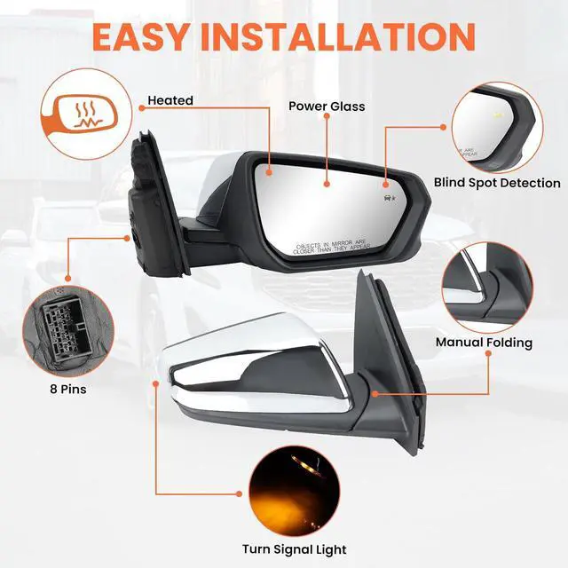 Alt view image 3 of 7 - Passenger Side Mirror Compatible With 2018 2019 2020 2021 2022 2023 2024 Chevy Equinox GMC Terrain Mirrors With Power Glass Heated Turn Signal Blind Spot Replaces#84225387(Chrome)8 Pins