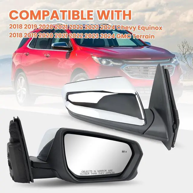 Alt view image 7 of 7 - Passenger Side Mirror Compatible With 2018 2019 2020 2021 2022 2023 2024 Chevy Equinox GMC Terrain Mirrors With Power Glass Heated Turn Signal Blind Spot Replaces#84225387(Chrome)8 Pins
