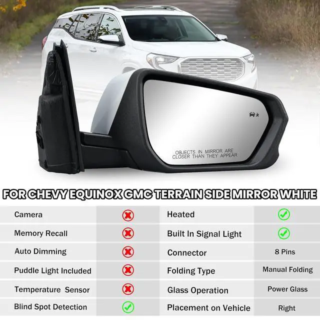 Alt view image 2 of 7 - Passenger Side Mirror Compatible With 2018 2019 2020 2021 2022 2023 2024 Chevy Equinox GMC Terrain Mirrors With Power Glass Heated Turn Signal Blind Spot Replaces #84225387(White)8 Pins