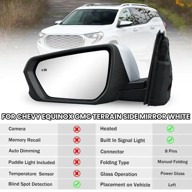 Alt view image 2 of 7 - Driver Side Mirror for 2018-2024 Chevy Equinox GMC Terrain 8Pins(White) | Mirrors with Power Glass Heated Turn Signal Blind Spot Replaces #84225386