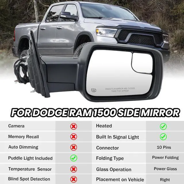 Alt view image 2 of 7 - Passenger Side Mirror For 2019 2020 2021 2022 2023 2024 Ram 1500 Mirrors with Heated Power Folding Power Glass Turn Signal Puddle Lights Black Replace 68276500AH