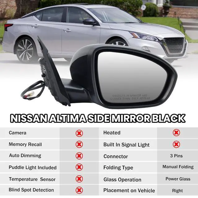 Alt view image 2 of 7 - Passenger Side Mirror Compatible with Nissan Altima 2019 2020 2021 2022 2023 Mirrors Without Heat Manual Folding Paintable Black NI1321311