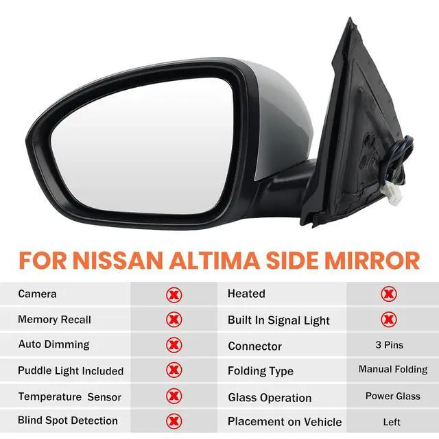 Alt view image 2 of 7 - Left Driver Side Mirror Compatible with 2019 2020 2021 2022 2023 2024 Nissan Altima Mirrors with Power Adjustment Manual Folding Brilliant Silver(3 Pins)