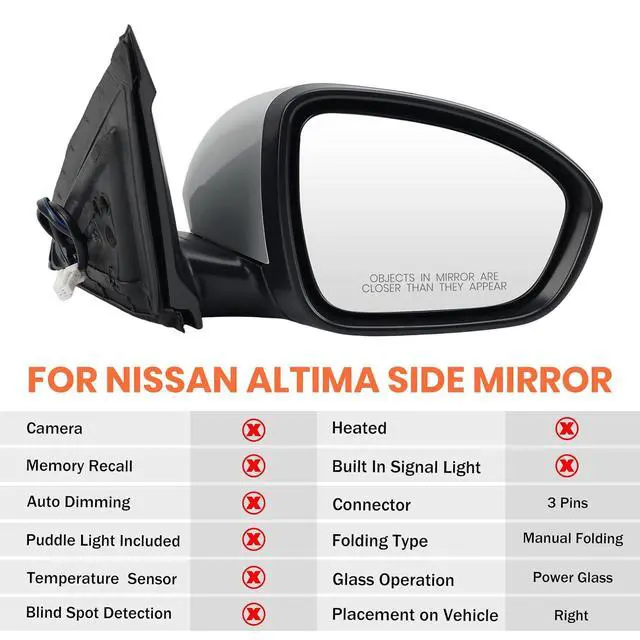Alt view image 2 of 7 - Right Passenger Side Mirror Compatible with 2019 2020 2021 2022 2023 2024 Nissan Altima Mirrors with Power Adjustment Manual Folding Brilliant Silver(3 Pins)