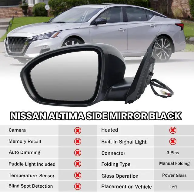 Alt view image 2 of 7 - Driver Side Mirror Compatible with Nissan Altima 2019 2020 2021 2022 2023 Mirrors Without Heat Manual Folding Paintable Black NI1320311