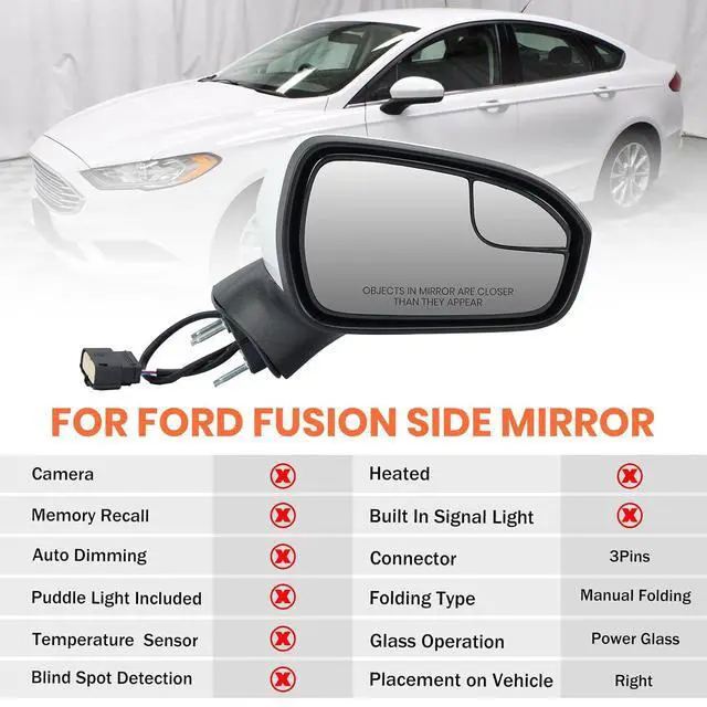 Alt view image 2 of 7 - Right Passenger Side Mirror Assembly Compatible with Ford Fusion 2016-2020 Mirrors with Power Manual Folding White 3Pins