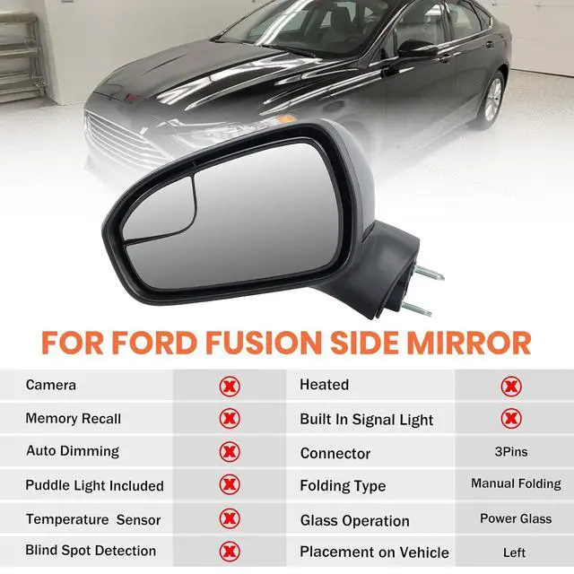 Alt view image 2 of 7 - Left Driver Side Mirror Compatible with Ford Fusion 2016 2017 2018 2019 2020 2021 2022 Mirrors with Power Manual Folding Black 3Pins