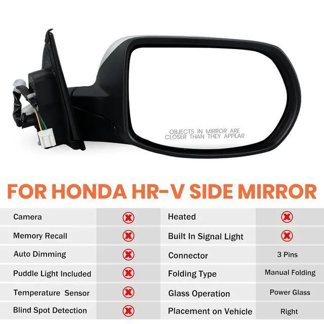 Alt view image 2 of 7 - Right Passenger Side Mirror Compatible with 2016-2022 HR-V 3 Pins | Mirrors with Power Glass Manual Folding Paintable White