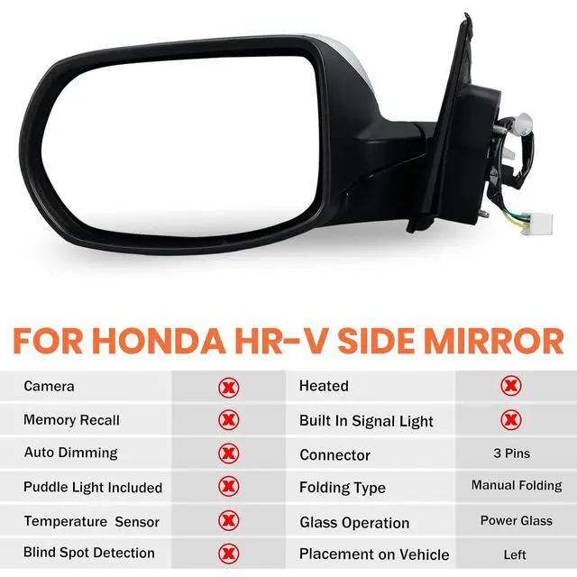 Alt view image 2 of 7 - Left Driver Side Mirror Compatible with 2016-2022 HR-V 3 Pins | Mirrors with Power Glass Manual Folding Paintable White