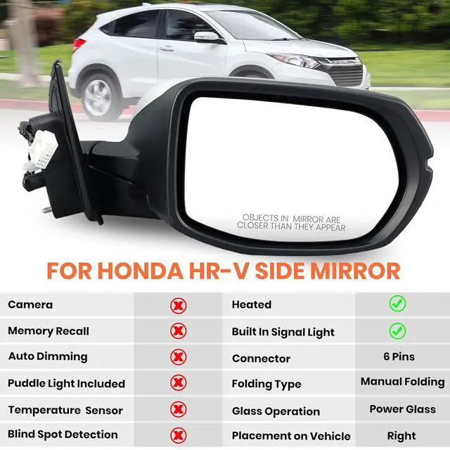 Alt view image 2 of 7 - Right Passenger Side Mirror Compatible with 2016 2017 2018 2019 2020 2021 2022 HR-V EX EX-L Door Mirrors with Power Heated Glass Turn Signals Manual Folding White (6 Pins)