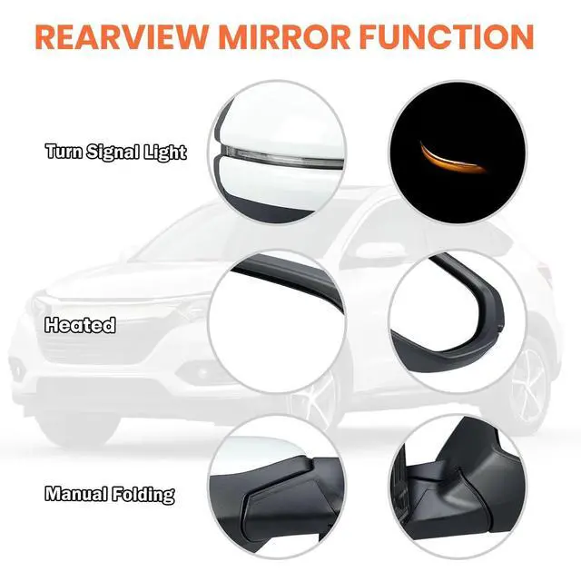 Alt view image 4 of 7 - Right Passenger Side Mirror Compatible with 2016 2017 2018 2019 2020 2021 2022 HR-V EX EX-L Door Mirrors with Power Heated Glass Turn Signals Manual Folding White (6 Pins)