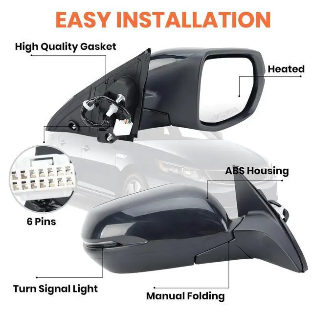 Alt view image 3 of 7 - Right Passenger Side Mirror Compatible with 2016 2017 2018 2019 2020 2021 2022 HR-V EX EX-L Door Mirrors with Power Heated Glass Turn Signals Manual Folding Gloss Black (6 Pins)