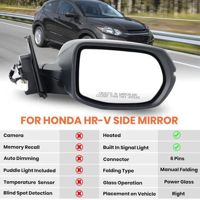 Alt view image 2 of 7 - Right Passenger Side Mirror Compatible with 2016 2017 2018 2019 2020 2021 2022 HR-V EX EX-L Door Mirrors with Power Heated Glass Turn Signals Manual Folding Gloss Black (6 Pins)