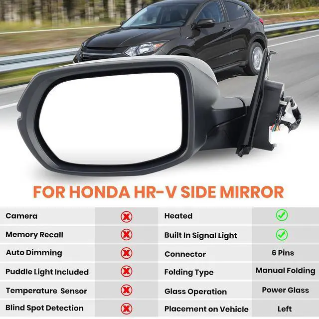 Alt view image 2 of 7 - Left Driver Side Mirror Compatible with 2016 2017 2018 2019 2020 2021 2022 HR-V EX EX-L Door Mirrors with Power Heated Glass Turn Signals Manual Folding Gloss Black(6 Pins)