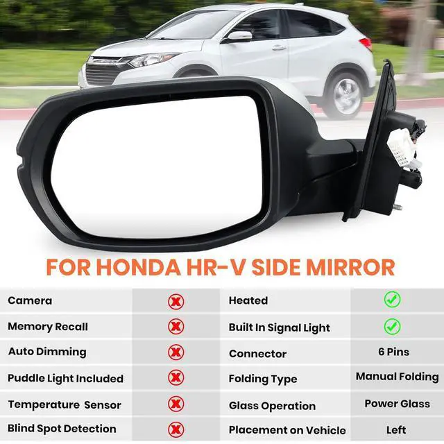 Alt view image 2 of 7 - Left Driver Side Mirror Compatible with 2016 2017 2018 2019 2020 2021 2022 HR-V EX EX-L Door Mirrors with Power Heated Glass Turn Signals Manual Folding White (6 Pins)