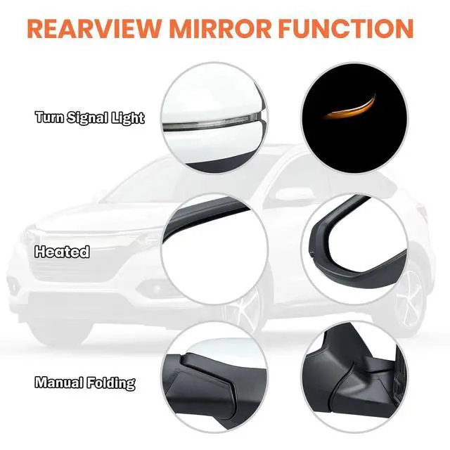 Alt view image 4 of 7 - Left Driver Side Mirror Compatible with 2016 2017 2018 2019 2020 2021 2022 HR-V EX EX-L Door Mirrors with Power Heated Glass Turn Signals Manual Folding White (6 Pins)