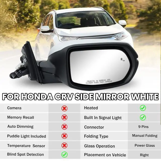 Alt view image 2 of 7 - Passenger Side Mirror Compatible With 2017-2022 Honda CRV EX EX-L Touring Mirrors With Heated Blind Spot Turn Signal Power Glass Manual Folding White Replace# 76201T1WA01ZF(9Pins)