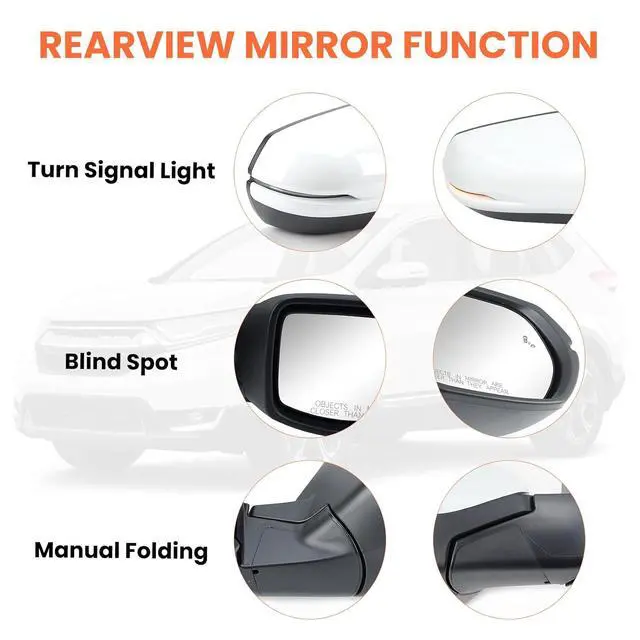 Alt view image 4 of 7 - Passenger Side Mirror Compatible With 2017-2022 Honda CRV EX EX-L Touring Mirrors With Heated Blind Spot Turn Signal Power Glass Manual Folding White Replace# 76201T1WA01ZF(9Pins)