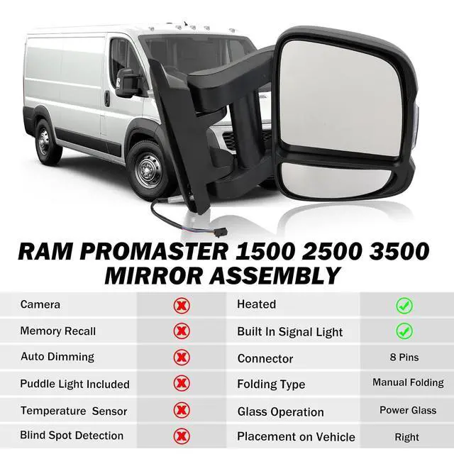 Alt view image 4 of 7 - Passenger Right Side Mirror for 2019 2020 2021 2022 RAM Promaster 1500 2500 3500,Power Door Mirror with Heated,Turn Signals Light,Replaces# FO1321536(Long Arm)