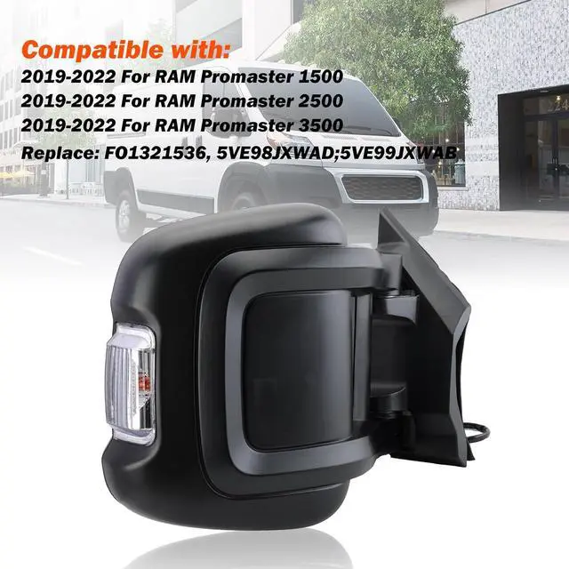 Alt view image 5 of 7 - Passenger Right Side Mirror for 2019 2020 2021 2022 RAM Promaster 1500 2500 3500,Power Door Mirror with Heated,Turn Signals Light,Replaces# FO1321536(Long Arm)