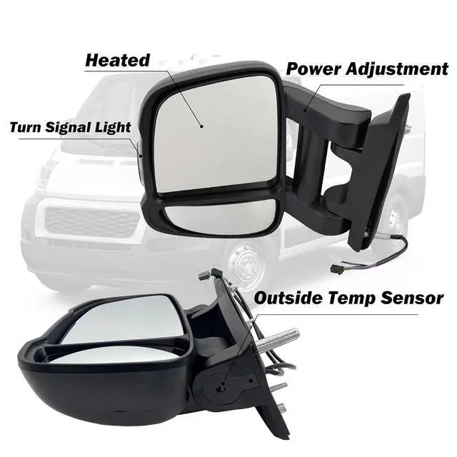 Alt view image 2 of 7 - Driver Left Side Mirror for 2019 2020 2021 2022 RAM Promaster 1500 2500 3500,Power Door Mirror with Heated,Turn Signals Light,Temperature Sensor,Replaces# FO1321536(Long Arm)