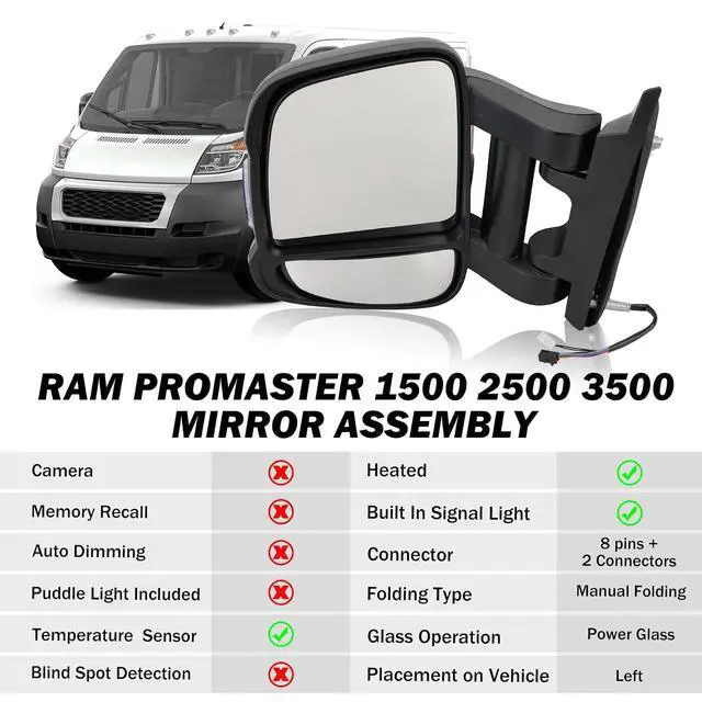 Alt view image 4 of 7 - Driver Left Side Mirror for 2019 2020 2021 2022 RAM Promaster 1500 2500 3500,Power Door Mirror with Heated,Turn Signals Light,Temperature Sensor,Replaces# FO1321536(Long Arm)