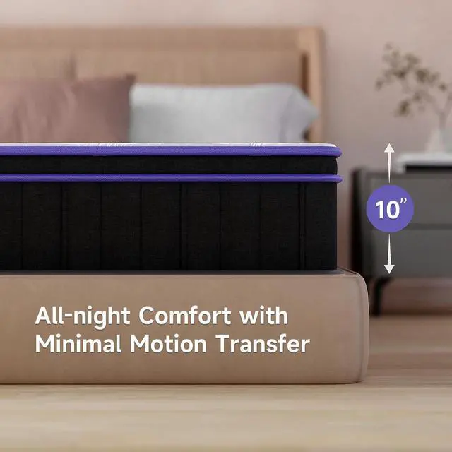 Alt view image 5 of 7 - M 10 Inch Queen Size, Hybrid Mattress, Medium Firm, Gel-Infused Memory Foam, Pillow Top, Pocket Coils, Cooling & Breathable, CertiPUR-US Certified, Fiberglass-Free, Mattress in a Box