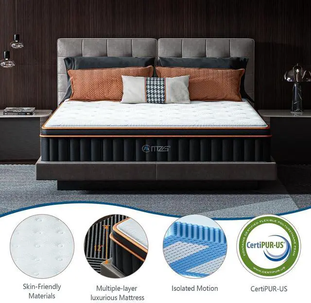 Alt view image 2 of 7 - M 12 Inch King Size Plush Hybrid Mattress, Gel-Infused Memory Foam Pillow Top & Individually Wrapped Pocket Coils, Cooling & Breathable, CertiPUR-US Certified, Fiberglass-Free, Mattress in a Box