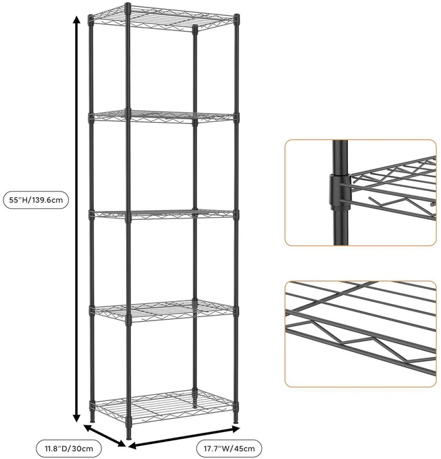 Alt view image 3 of 7 - M 5 Tiers Shelf Metal Storage Shelves Wire Rack Closet Organizers with Wheel for Garage Kitchen Bathroom Laundry Black 11.8" D x 17.7" W x 55" H